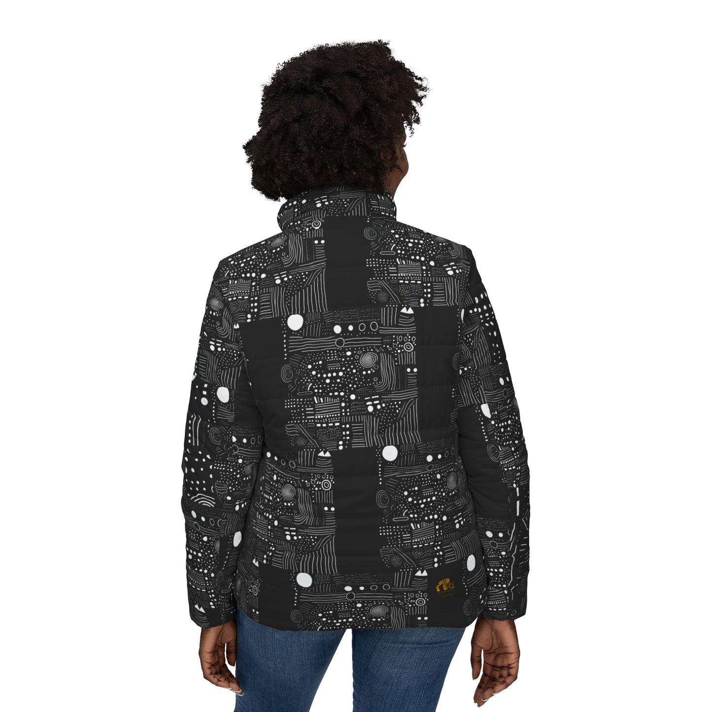 Tribal Artisan Loop Geometric Puffer Jacket for Women