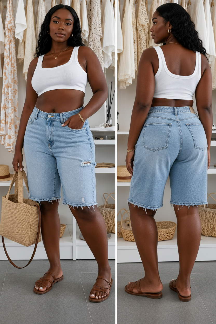Light Blue Distressed High-Waist Denim Shorts