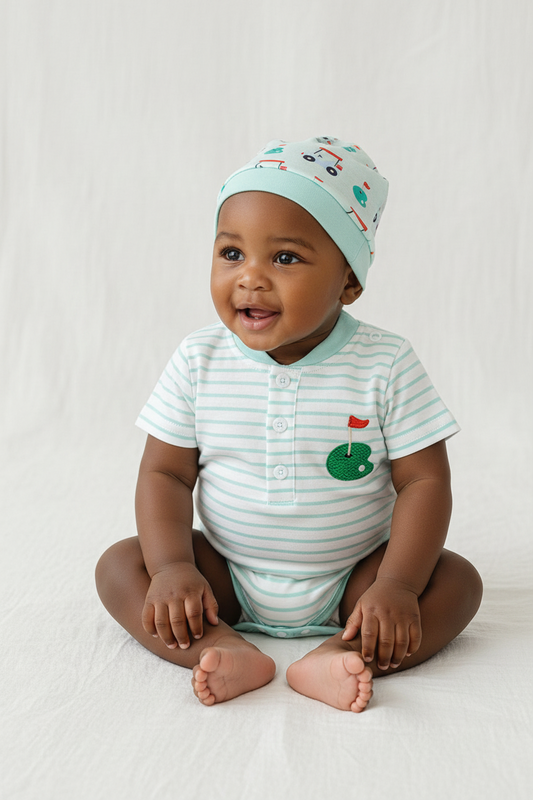 Children's Striped Short Sleeve Bodysuit and Shorts Set with Hat
