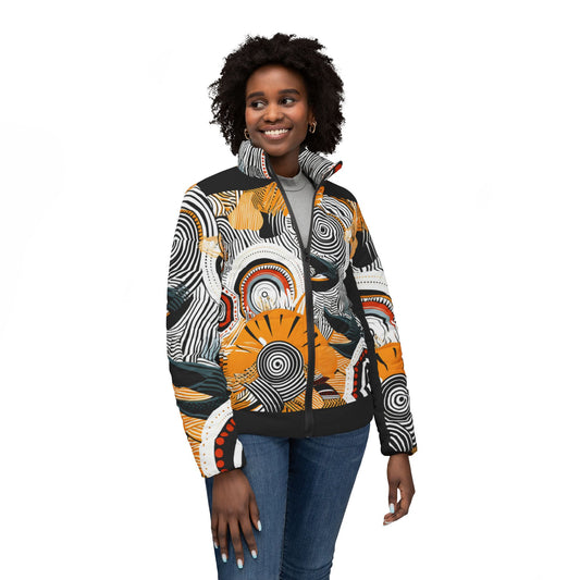 Tribal Sunburst – African Heritage Collage Puffer for Women