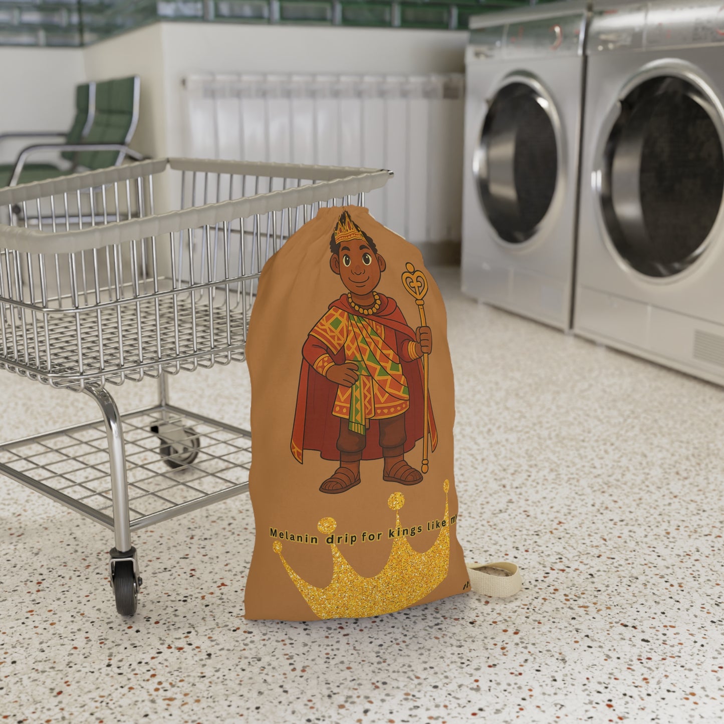 Royal Prince Laundry Bag — Brown Kids Laundry Tote with Crowned Boy Illustration