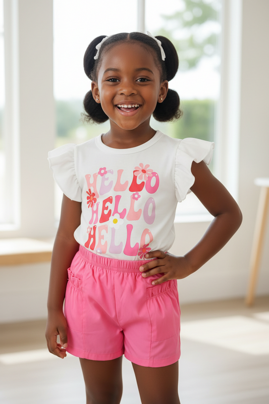 Girls Hello Print Ruffle Sleeve Top & Shorts Set