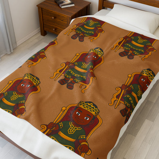 Prince’s Plush Storytime Blanket — Brown Velveteen Throw with Crowned Boy Pattern
