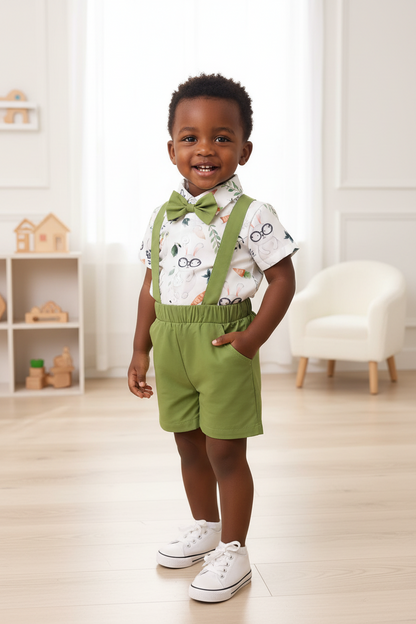 Children's Bunny Print Shirt with Suspender Shorts Set