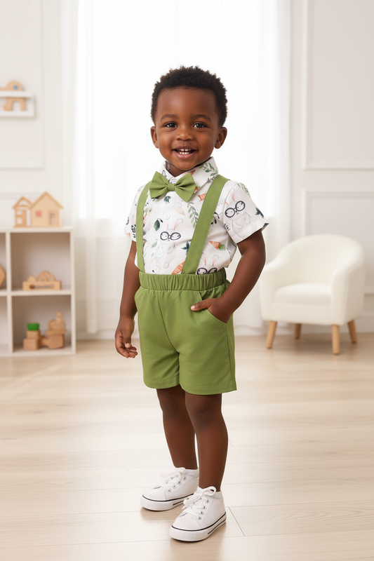 Children's Bunny Print Shirt with Suspender Shorts Set