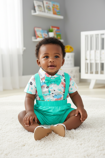 Children's Dinosaur Print Bodysuit & Suspender Shorts Set