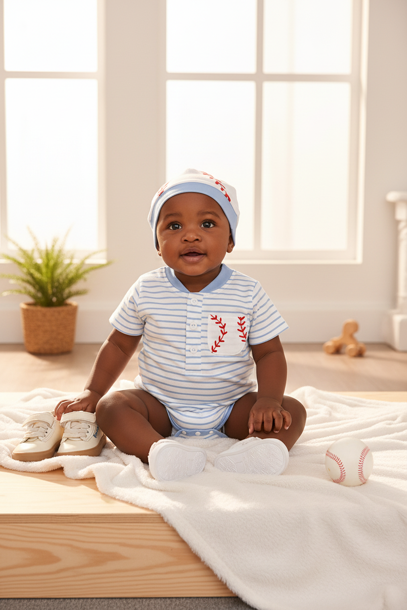 Children's Striped Bodysuit & Baseball Print Shorts & Hat 3-Piece Set