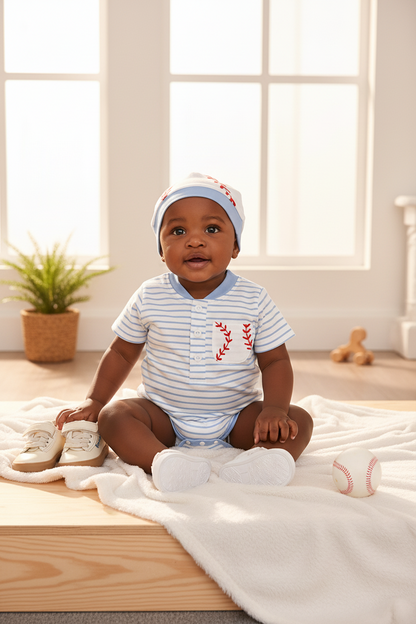 Children's Striped Bodysuit & Baseball Print Shorts & Hat 3-Piece Set