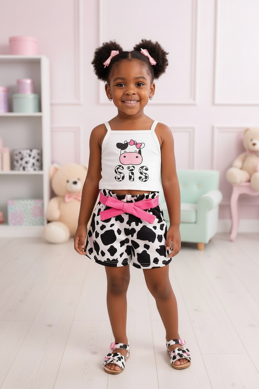 Girls Cow Print Tank Top & Shorts Set