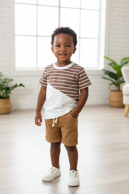 Boys Striped Color Block Top & Shorts Set