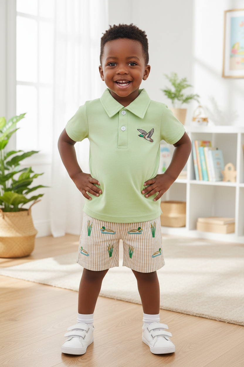 Boys Embroidered Polo Shirt & Striped Shorts Set