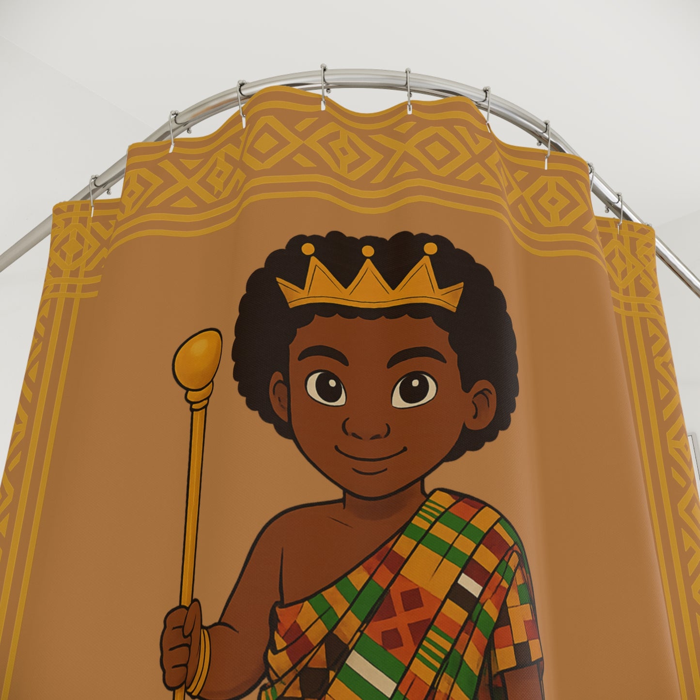 Royal Prince Shower Curtain — African Prince Boy Crown Bathroom Decor, Brown & Gold Kids Bathroom
