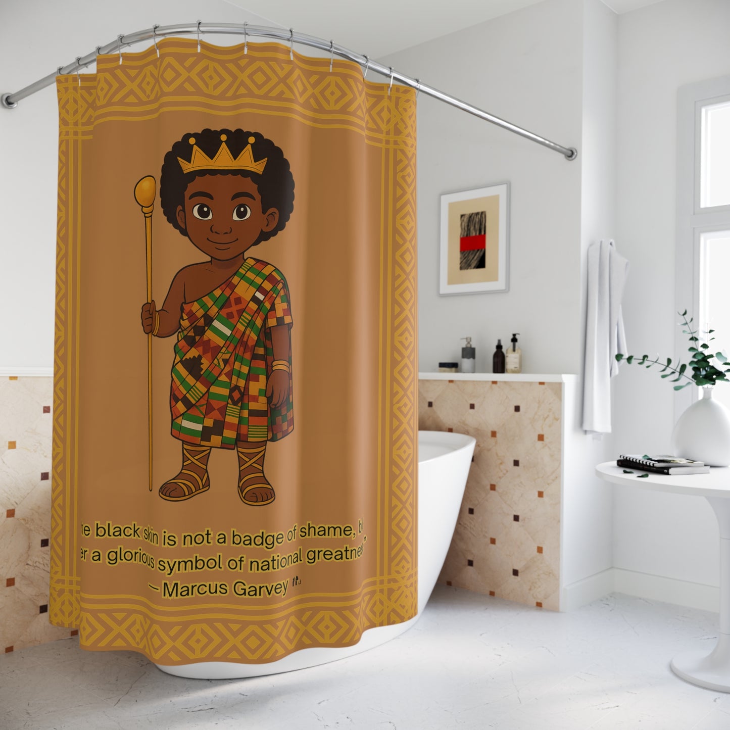 Royal Prince Shower Curtain — African Prince Boy Crown Bathroom Decor, Brown & Gold Kids Bathroom