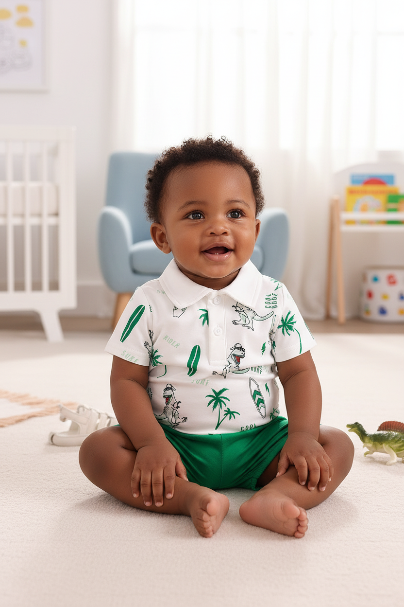 Children's Dinosaur Print Polo Bodysuit & Shorts Set