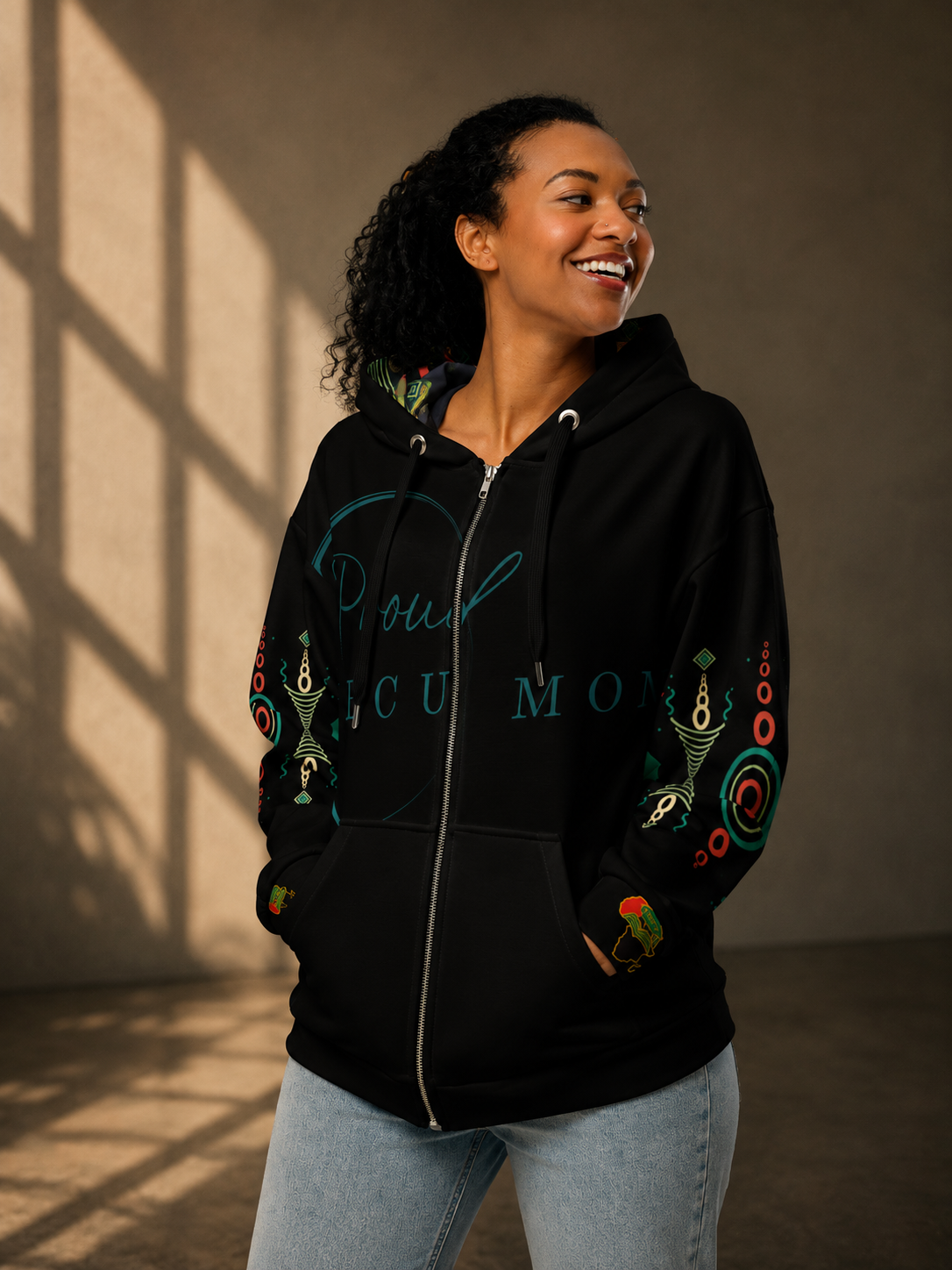 HBCU Proud Mom Eco-Zip Hoodie – Comfort, Legacy & Black Excellence in Black Turquoise Print