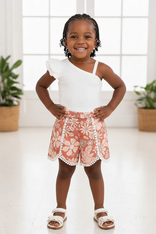 Girls Lace Asymmetrical Neck Top & Shorts Set (6M–4T)