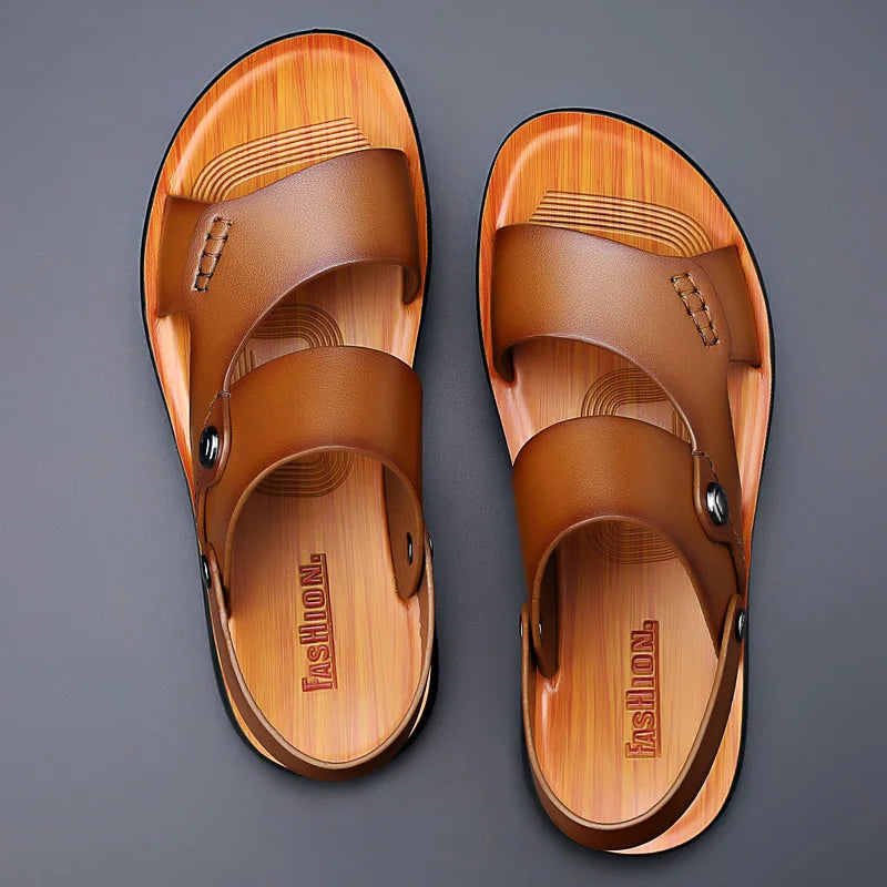 Men's Genuine Cow Leather Roman Gladiator Slip-On Sandals