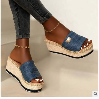 Women's Wide-Band Slip-On Espadrille Wedge Mules