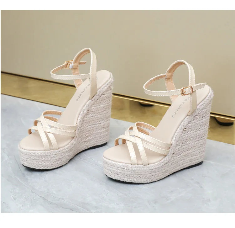 Women's Ankle Strap Cross-Toe Espadrille Wedge Sandals