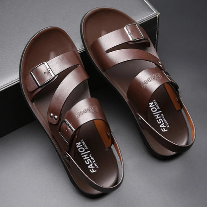 Men's Genuine Cow Leather Roman Gladiator Slip-On Sandals