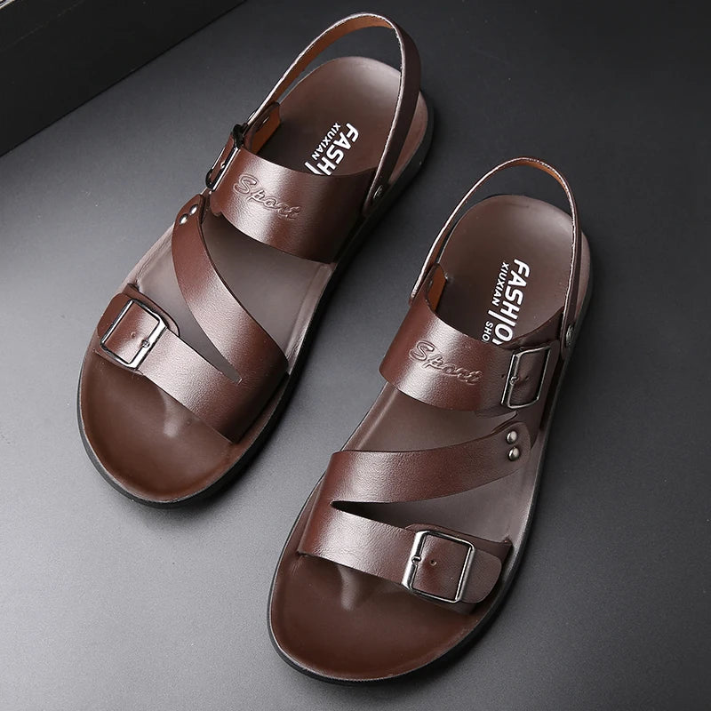 Men's Genuine Cow Leather Roman Gladiator Slip-On Sandals