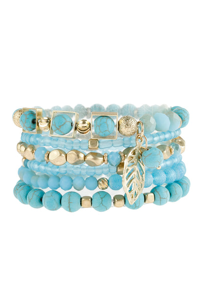 Natural Stone Mixed Beads Leaf Charm Bracelet