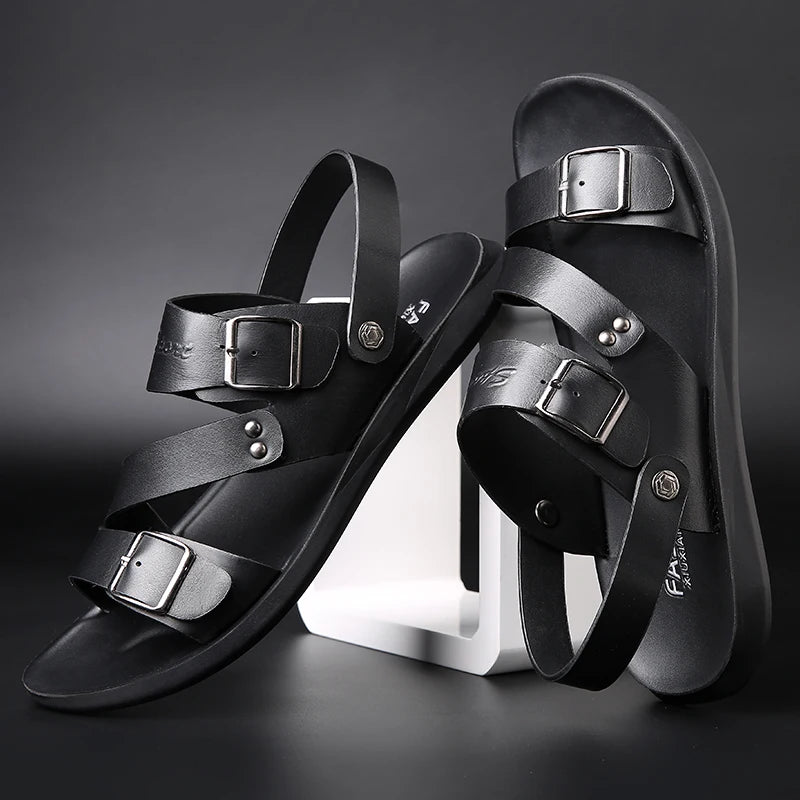 Men's Genuine Cow Leather Roman Gladiator Slip-On Sandals