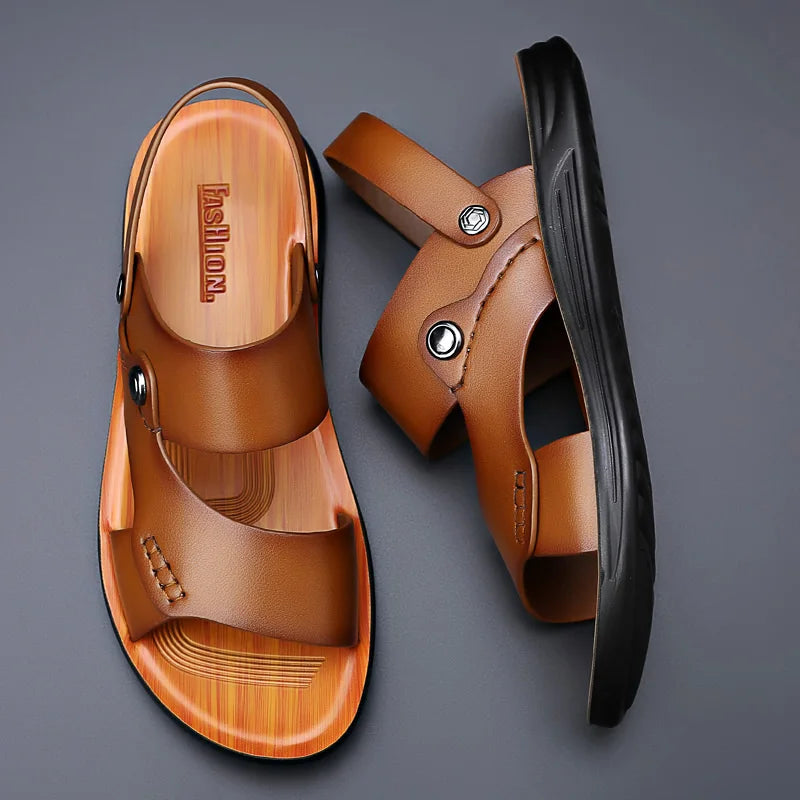 Men's Genuine Cow Leather Roman Gladiator Slip-On Sandals