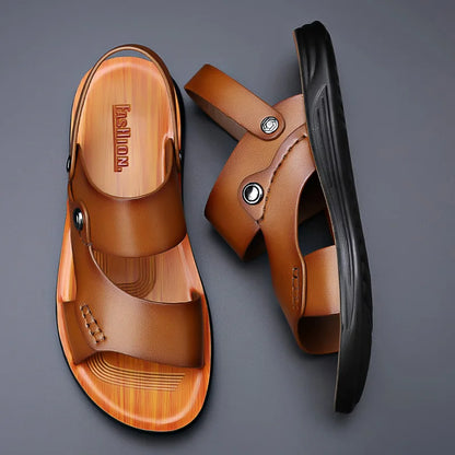 Men's Genuine Cow Leather Roman Gladiator Slip-On Sandals