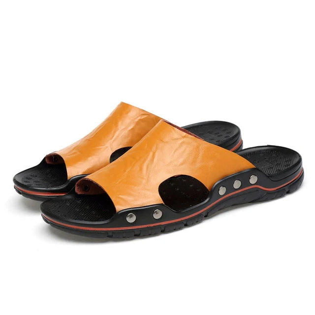 Men's Genuine Leather Sandals – Classic Roman Slip-On Slides