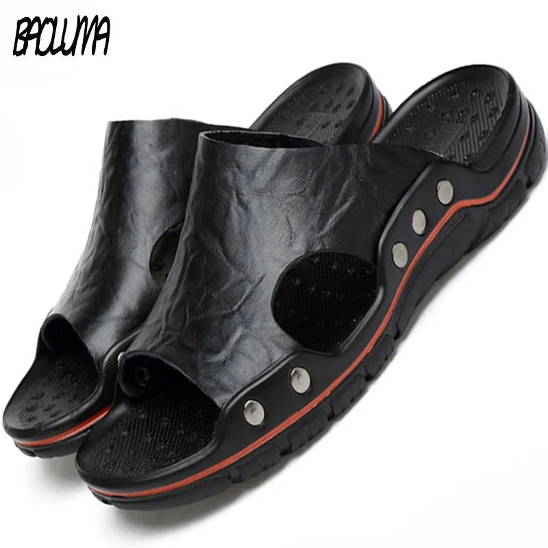 Men's Genuine Leather Sandals – Classic Roman Slip-On Slides