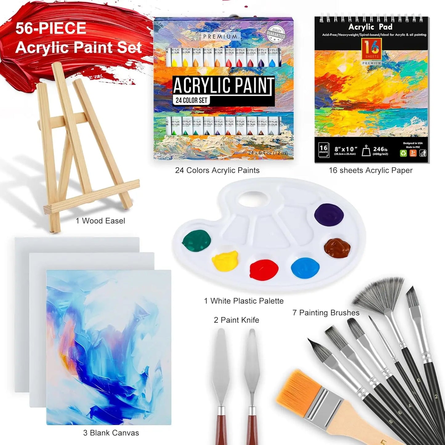 Acrylic Paint Set 56 pcs,Painting Supplies with 24 Acrylic Paint,16