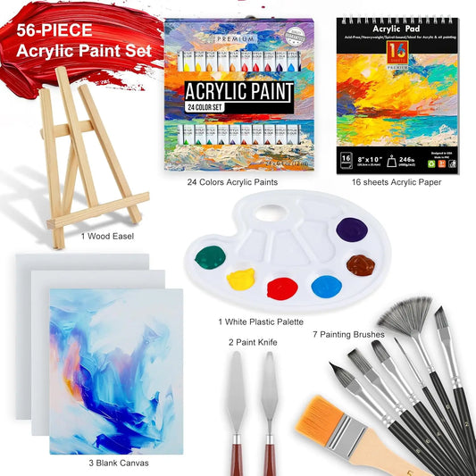 Acrylic Paint Set 56 pcs,Painting Supplies with 24 Acrylic Paint,16