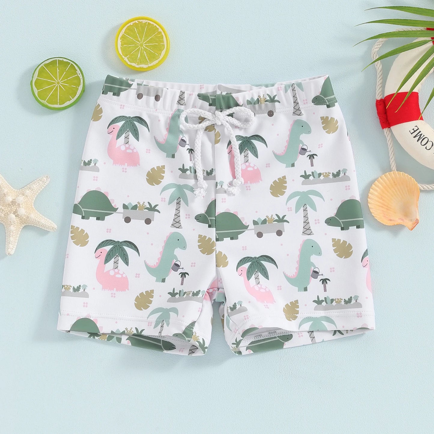 Boys Dinosaur & Coconut Tree Print Swim Shorts
