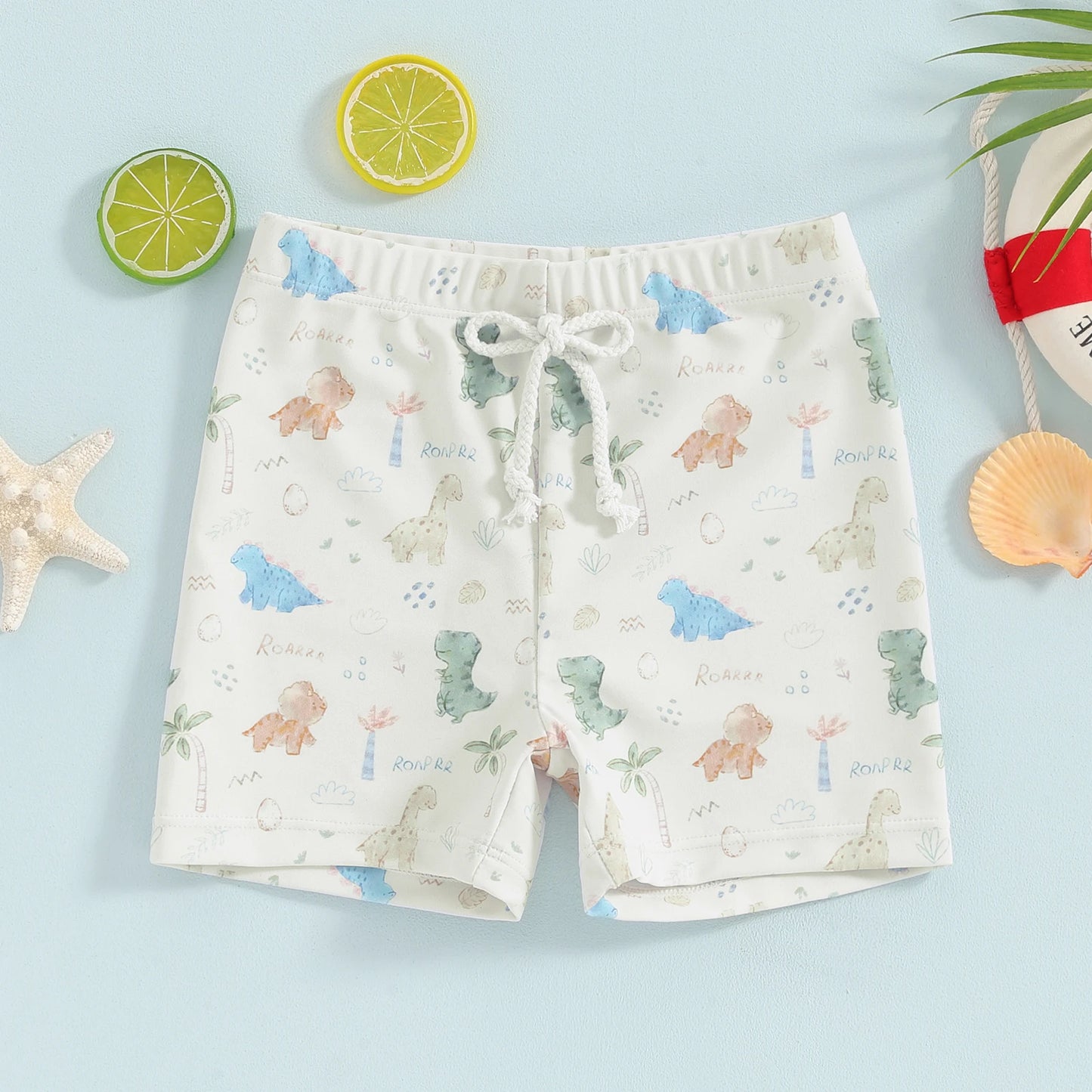 Boys Dinosaur & Coconut Tree Print Swim Shorts