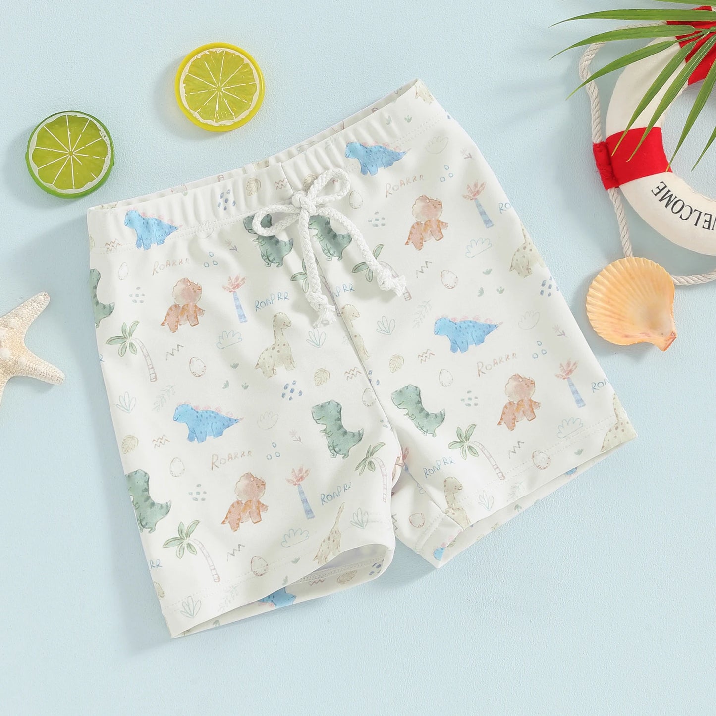 Boys Dinosaur & Coconut Tree Print Swim Shorts