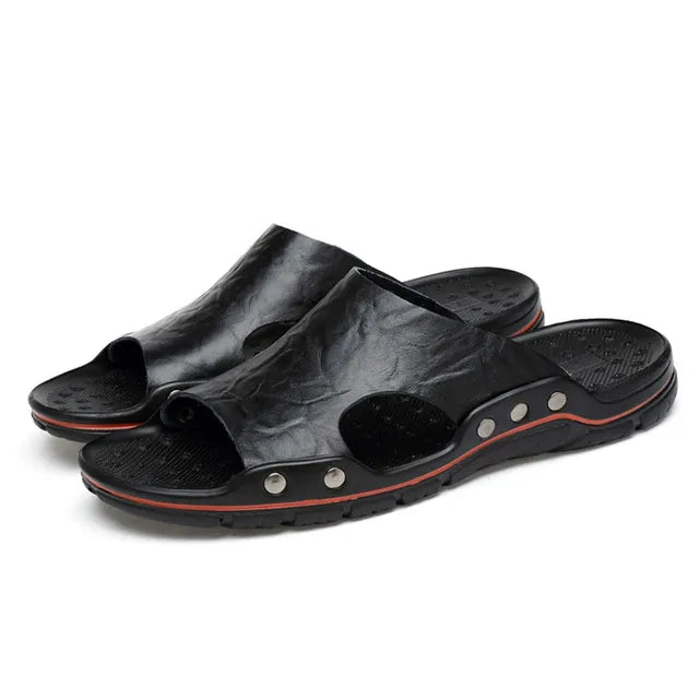 Men's Genuine Leather Sandals – Classic Roman Slip-On Slides