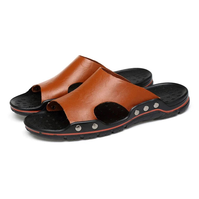 Men's Genuine Leather Sandals – Classic Roman Slip-On Slides
