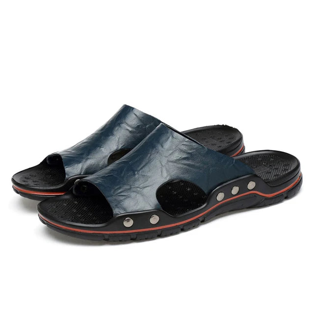 Men's Genuine Leather Sandals – Classic Roman Slip-On Slides