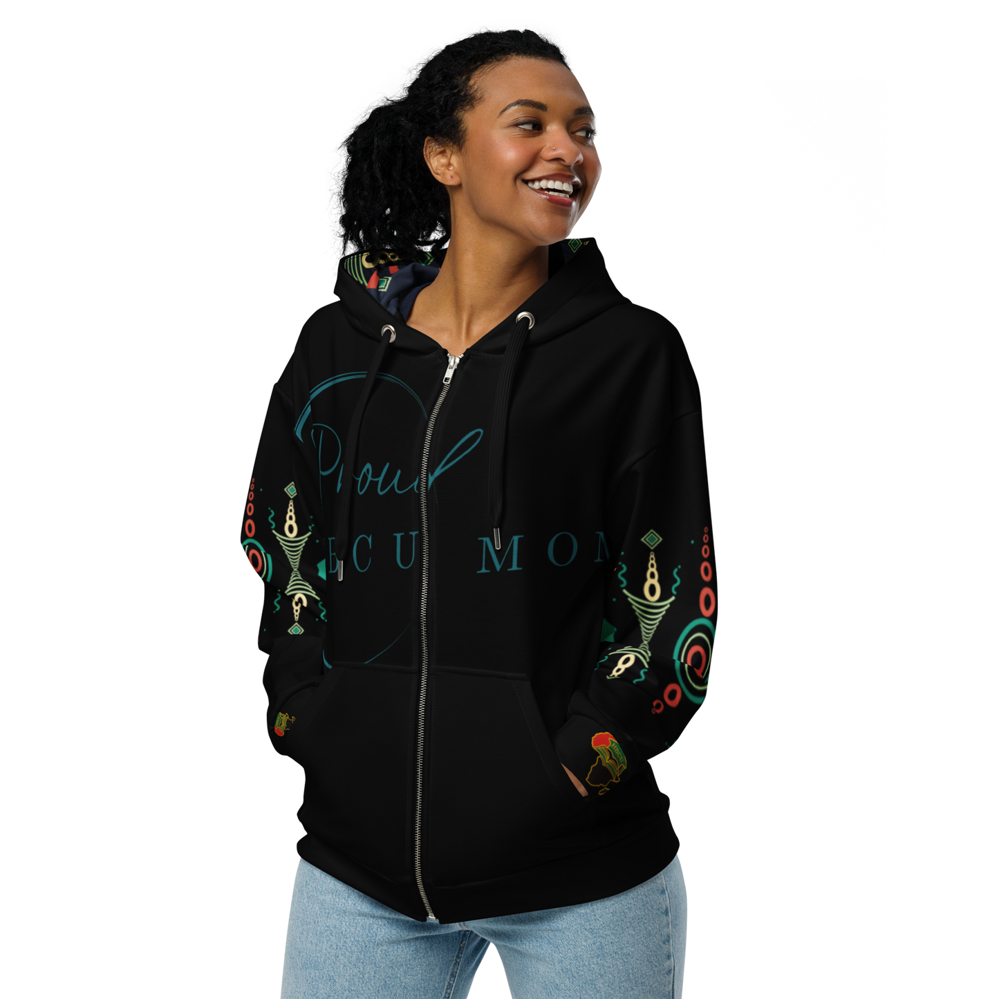 HBCU Proud Parent Eco-Zip Hoodie – Comfort, Legacy & Black Excellence in Turquoise and Black Tribal Print