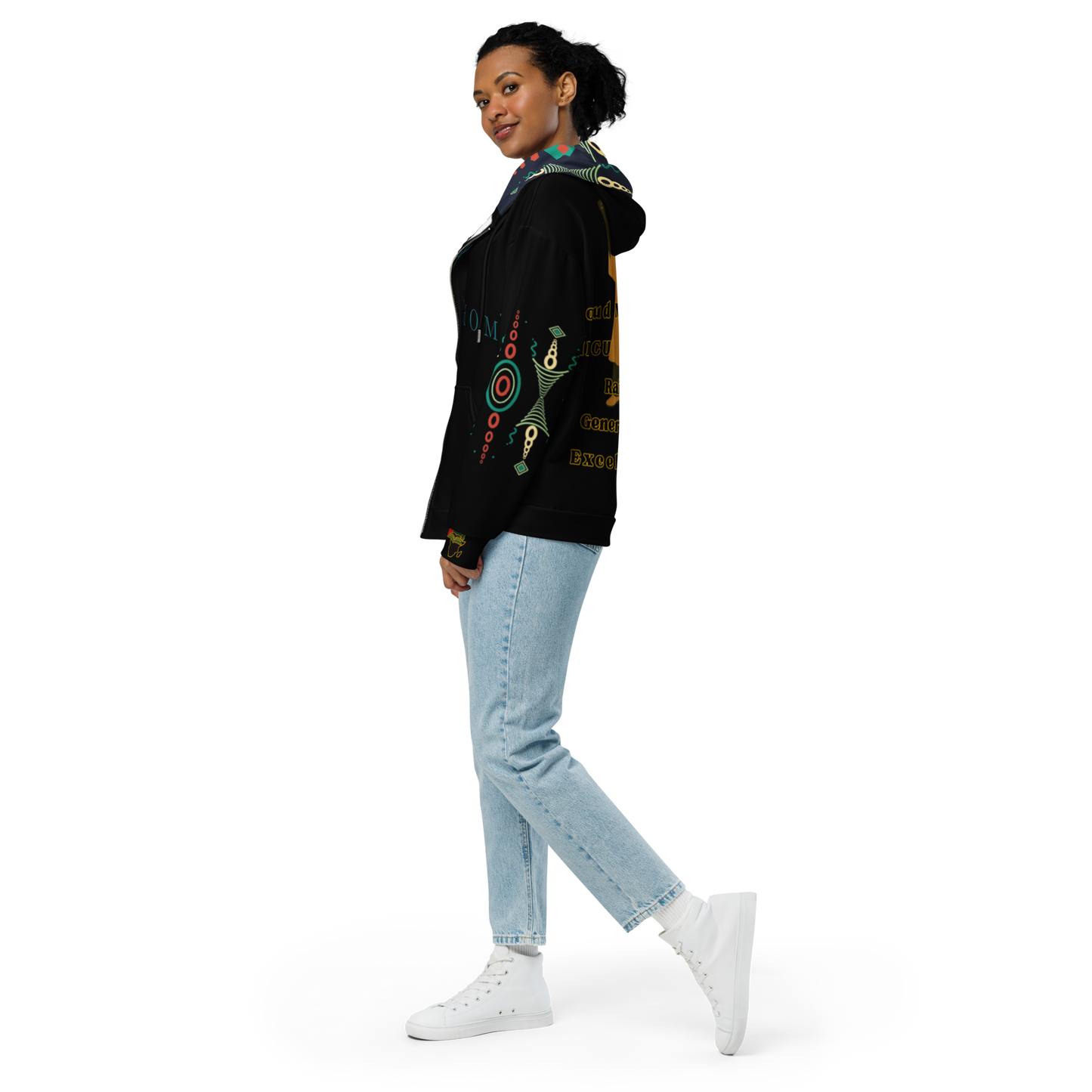 HBCU Proud Parent Eco-Zip Hoodie – Comfort, Legacy & Black Excellence in Turquoise and Black Tribal Print