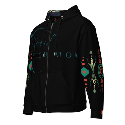 HBCU Proud Parent Eco-Zip Hoodie – Comfort, Legacy & Black Excellence in Turquoise and Black Tribal Print