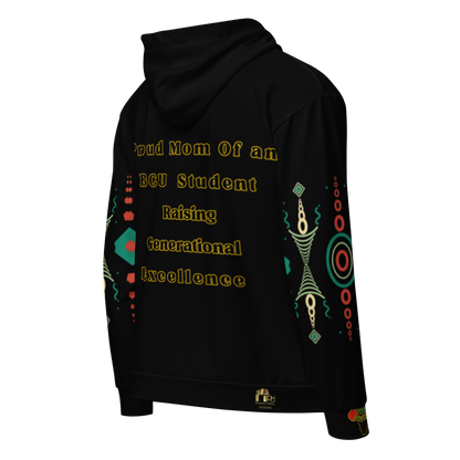 HBCU Proud Parent Eco-Zip Hoodie – Comfort, Legacy & Black Excellence in Turquoise and Black Tribal Print