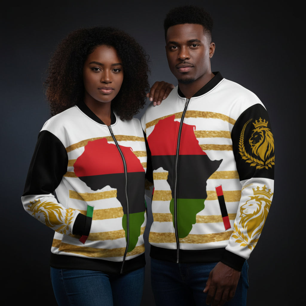 Color Block Unisex Bomber Jacket with Lage Africa on Gold Print