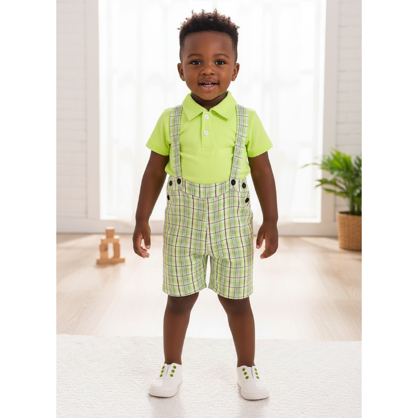 Children's Solid Color Polo & Plaid Overalls Set