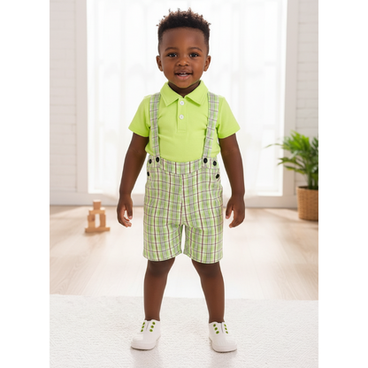 Children's Solid Color Polo & Plaid Overalls Set