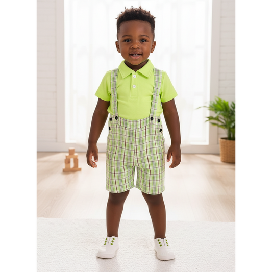 Children's Solid Color Polo & Plaid Overalls Set
