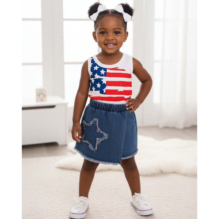 Children's American Flag Print Tank Top & Denim Skirt Set