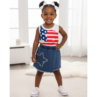 Children's American Flag Print Tank Top & Denim Skirt Set