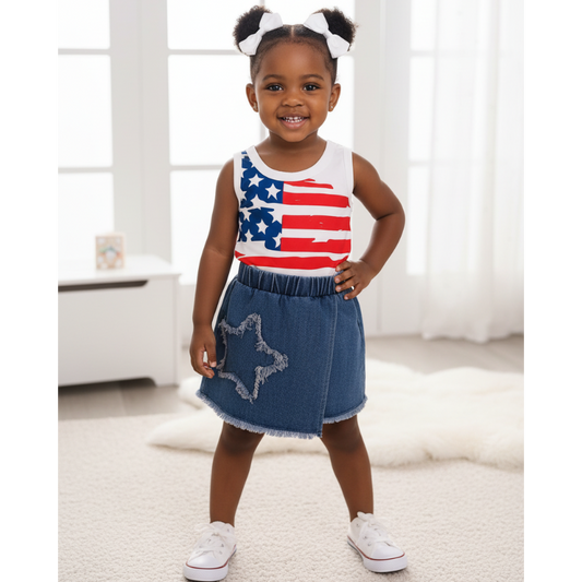 Children's American Flag Print Tank Top & Denim Skirt Set